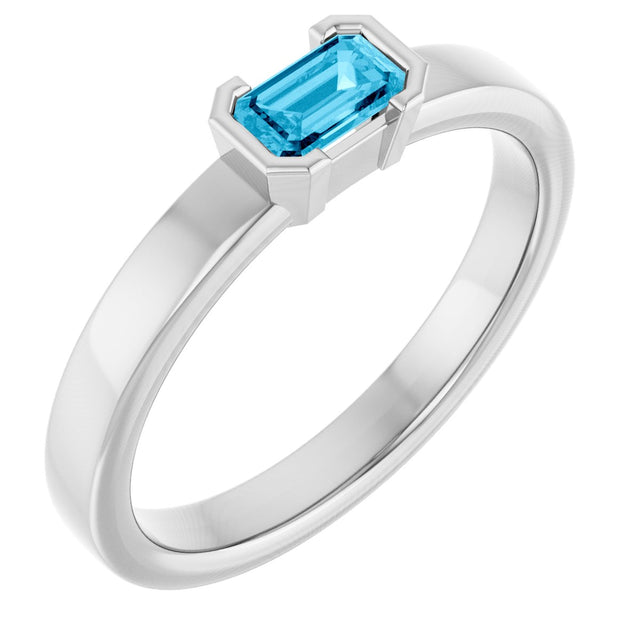 14K Gold Emerald Natural Aquamarine Half-Bezel Family Stackable Ring - White Gold