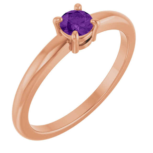 14K Gold Round Natural Amethyst Solitaire Ring - Rose Gold