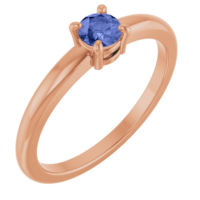 14K Gold Round Natural Tanzanite Solitaire Ring - Rose Gold
