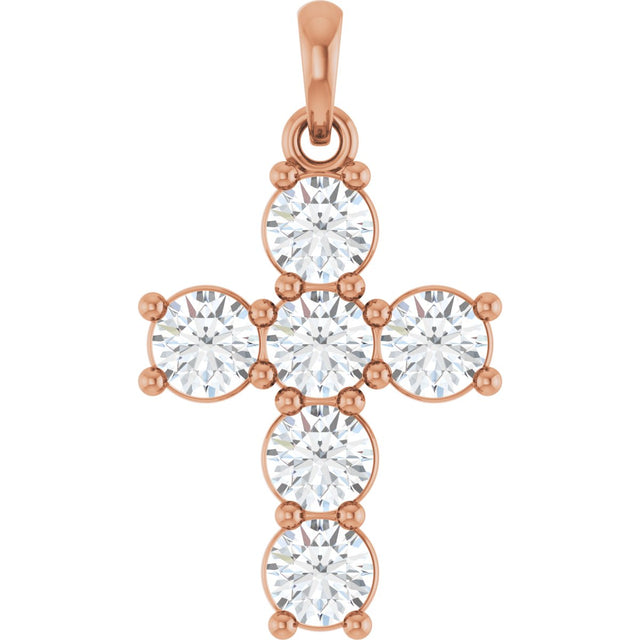 14K Gold Round Natural Diamond Accented Cross Necklace or Pendant – up to 1 1/2 CTW - Rose Gold