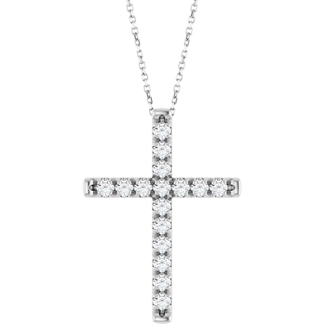 14K Gold Round Lab-Grown Diamond French-Set Cross Necklace or Pendant - White Gold
