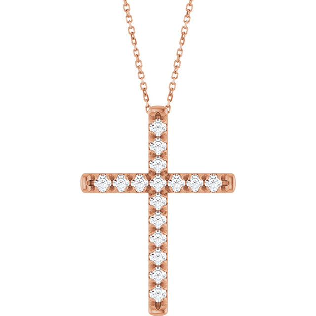 14K Gold Round Natural Diamond French-Set Cross Necklace or Pendant - Rose Gold