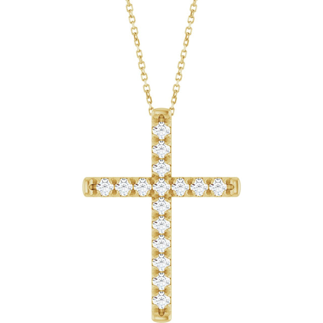 14K Gold Round Lab-Grown Diamond French-Set Cross Necklace or Pendant - Yellow Gold