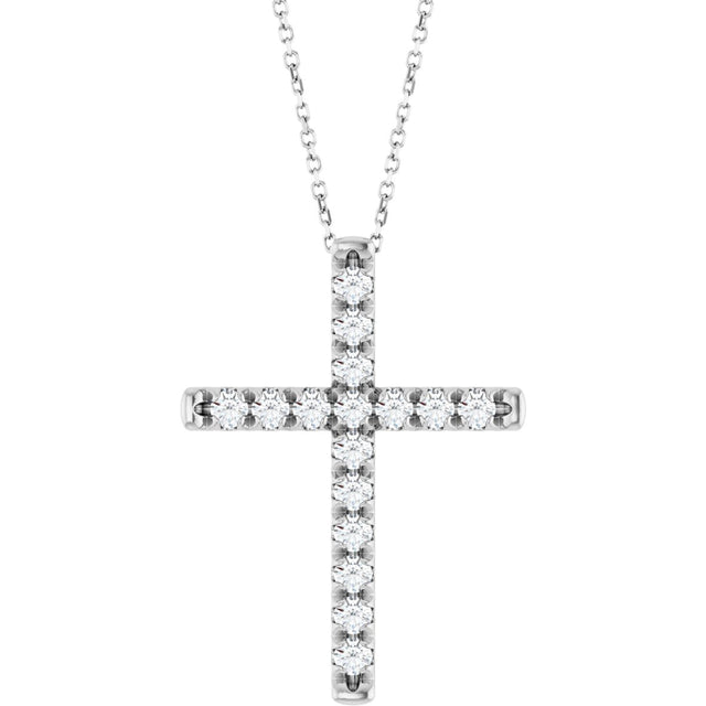 14K Gold Round Lab-Grown Diamond French-Set Cross Necklace or Pendant - White Gold