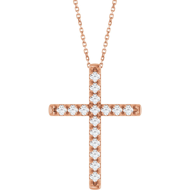 14K Gold Round Natural Diamond French-Set Cross Necklace or Pendant - Rose Gold