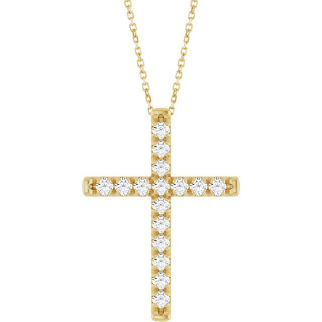 14K Gold Round Lab-Grown Diamond French-Set Cross Necklace or Pendant - Yellow Gold