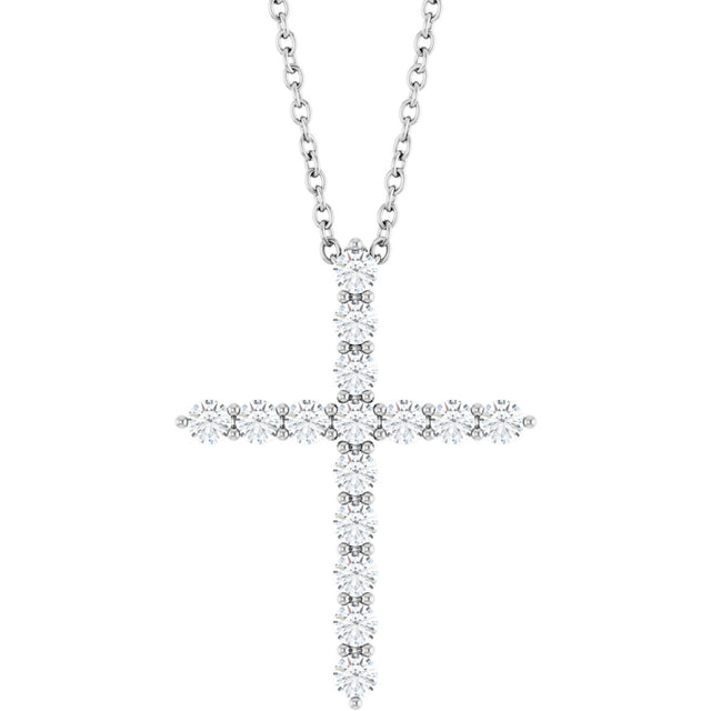14K Gold Round Lab-Grown Diamond Accented Cross Necklace or Pendant – 1.8-2.4mm Stones - White Gold