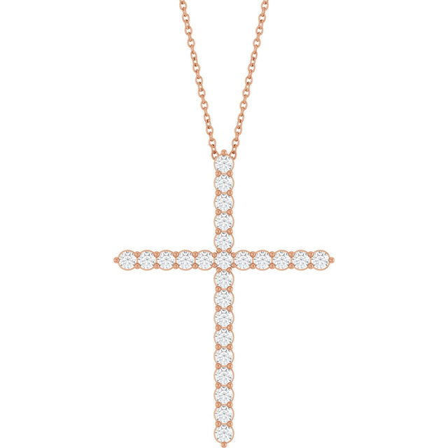 14K Gold Round Lab-Grown Diamond Accented Cross Necklace or Pendant – 1.8-2.4mm Stones - Rose Gold
