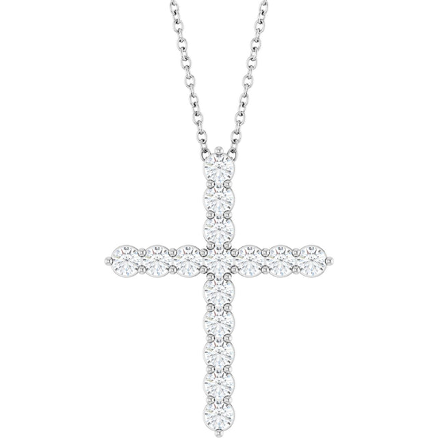 14K Gold Round Lab-Grown Diamond Accented Cross Necklace or Pendant – 1.8-2.4mm Stones - White Gold