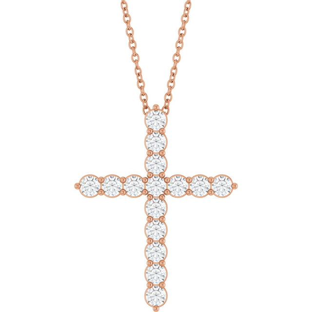 14K Gold Round Lab-Grown Diamond Accented Cross Necklace or Pendant – 1.8-2.4mm Stones - Rose Gold