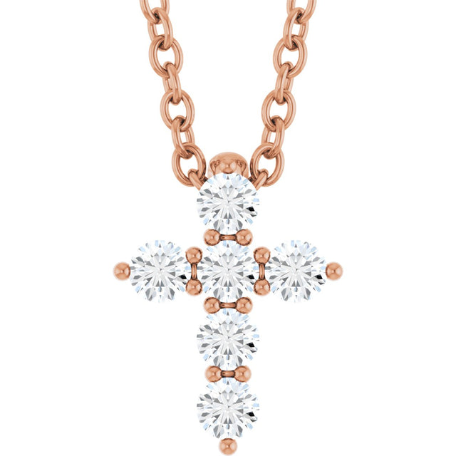14K Gold Round Lab-Grown Diamond Accented Cross Necklace or Pendant – 1.8-2.4mm Stones - Rose Gold