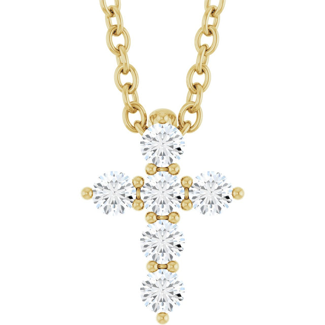 14K Gold Round Lab-Grown Diamond Accented Cross Necklace or Pendant – 1.8-2.4mm Stones - Yellow Gold