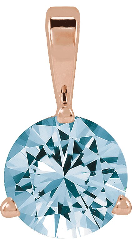 14K Gold Round Lab-Grown Aqua Sapphire Solitaire Necklace or Pendant - Rose Gold