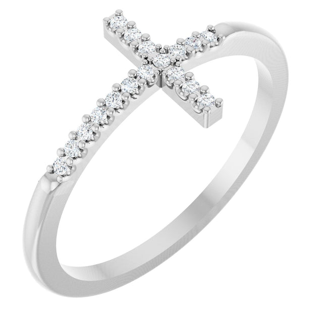 14K Gold Round Natural Diamond Sideways Cross Ring - White Gold