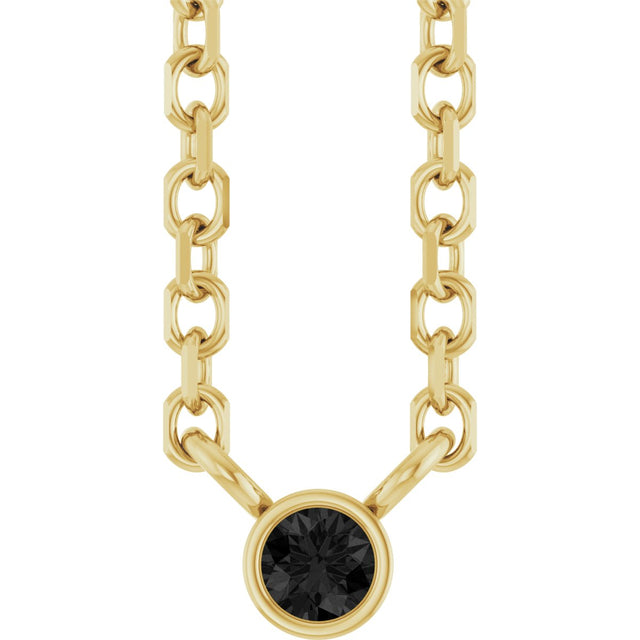 14K Gold Round Natural Black Diamond Bezel-Set Solitaire Necklace - Yellow Gold