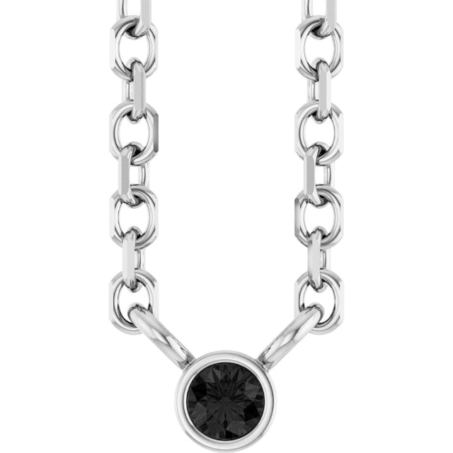 14K Gold Round Natural Black Diamond Bezel-Set Solitaire Necklace - White Gold