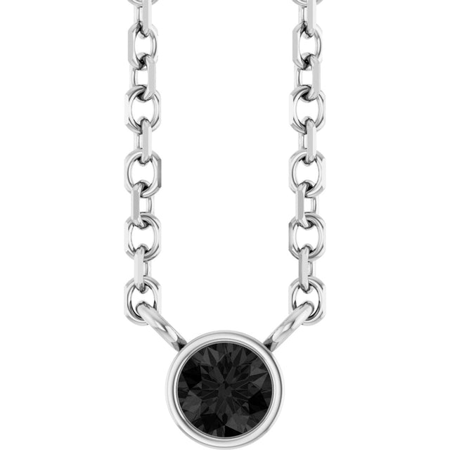 14K Gold Round Natural Black Diamond Bezel-Set Solitaire Necklace - White Gold