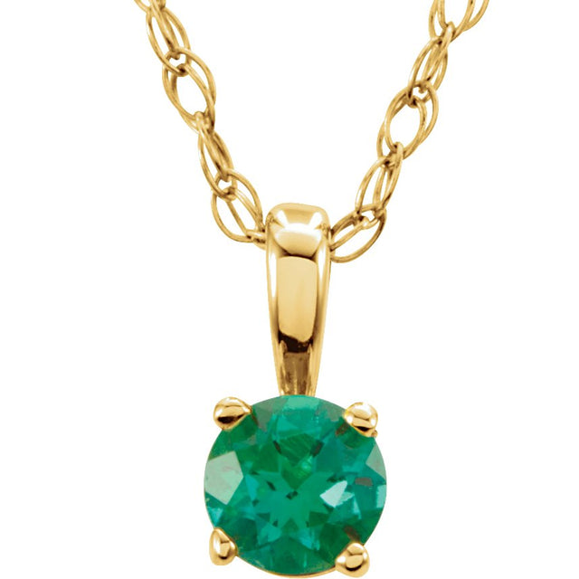14K Gold Round Emerald Youth Birthstone Necklace or Pendant - Yellow Gold