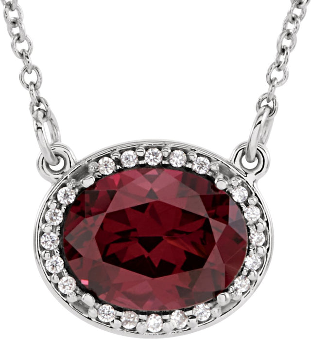14K Gold Oval Natural Rhodolite Garnet Halo-Style Necklace - White Gold