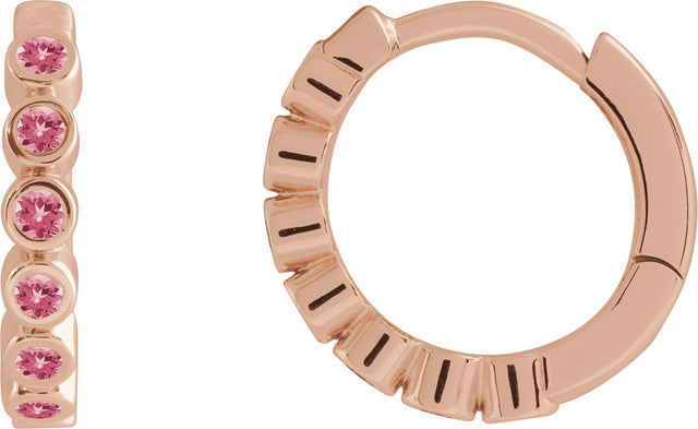 14K Gold Round Natural Pink Tourmaline Hinged Hoop Earrings - Rose Gold