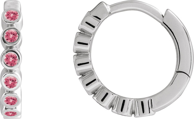 14K Gold Round Natural Pink Tourmaline Hinged Hoop Earrings - White Gold