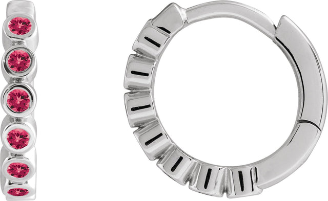 14K Gold Round Natural Ruby Hinged Hoop Earrings - White Gold