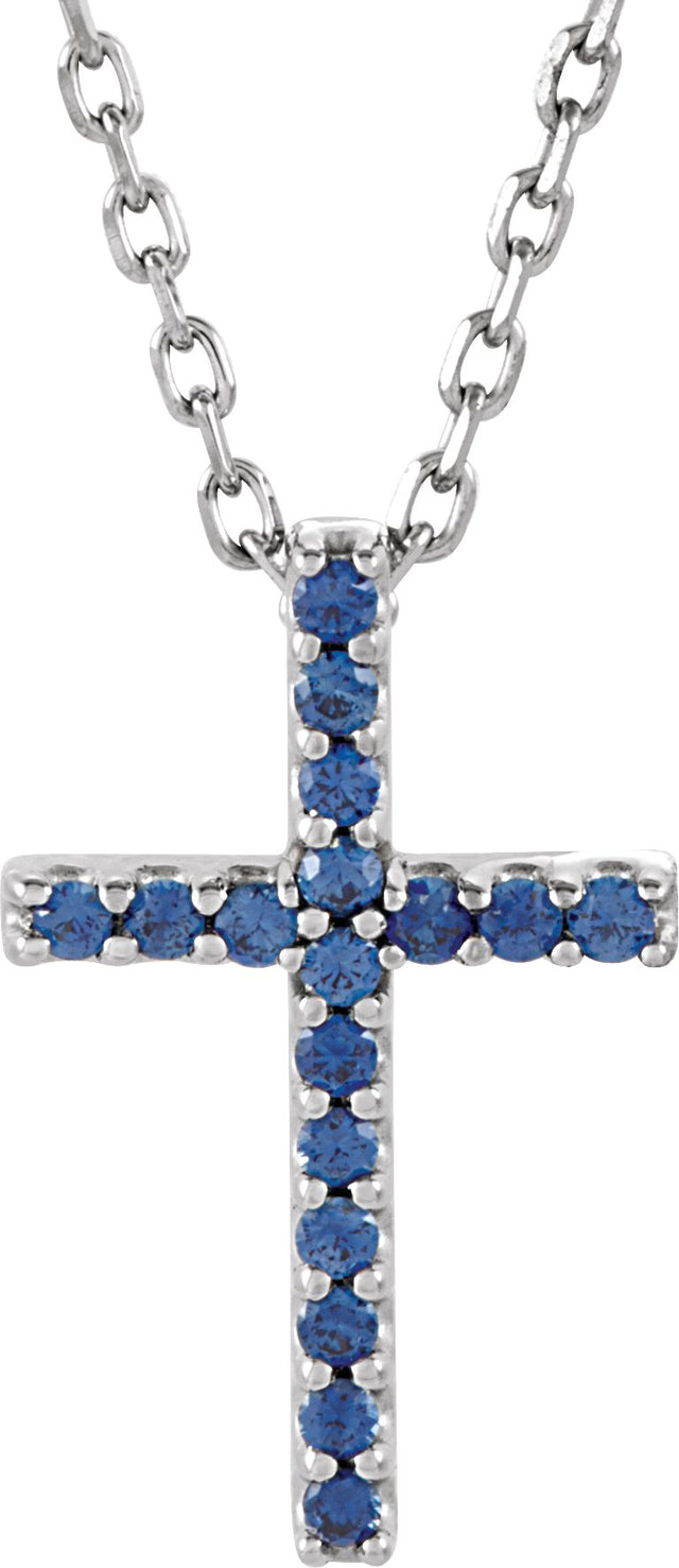 14K Gold Round Natural Blue Sapphire Petite Cross Necklace or Pendant - White Gold