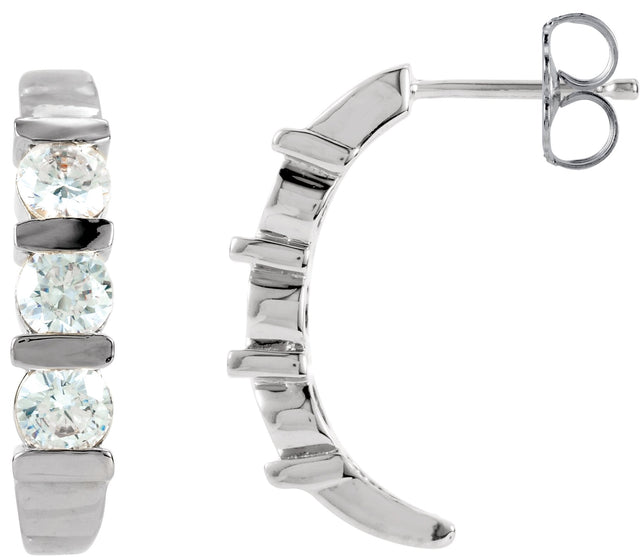 14K Gold Round Natural Diamond Three-Stone J-Hoop Earrings - White Gold
