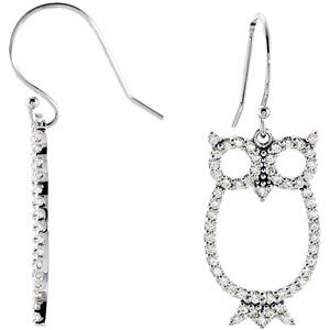14K Gold Round Natural Diamond Accented Owl Earrings