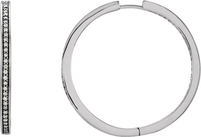14K Gold Round Natural Diamond Inside-Outside Hoop Earrings – 1mm Stones - White Gold