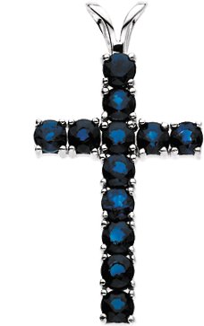 14K Gold Round Natural Blue Sapphire Accented Cross Pendant II - White Gold