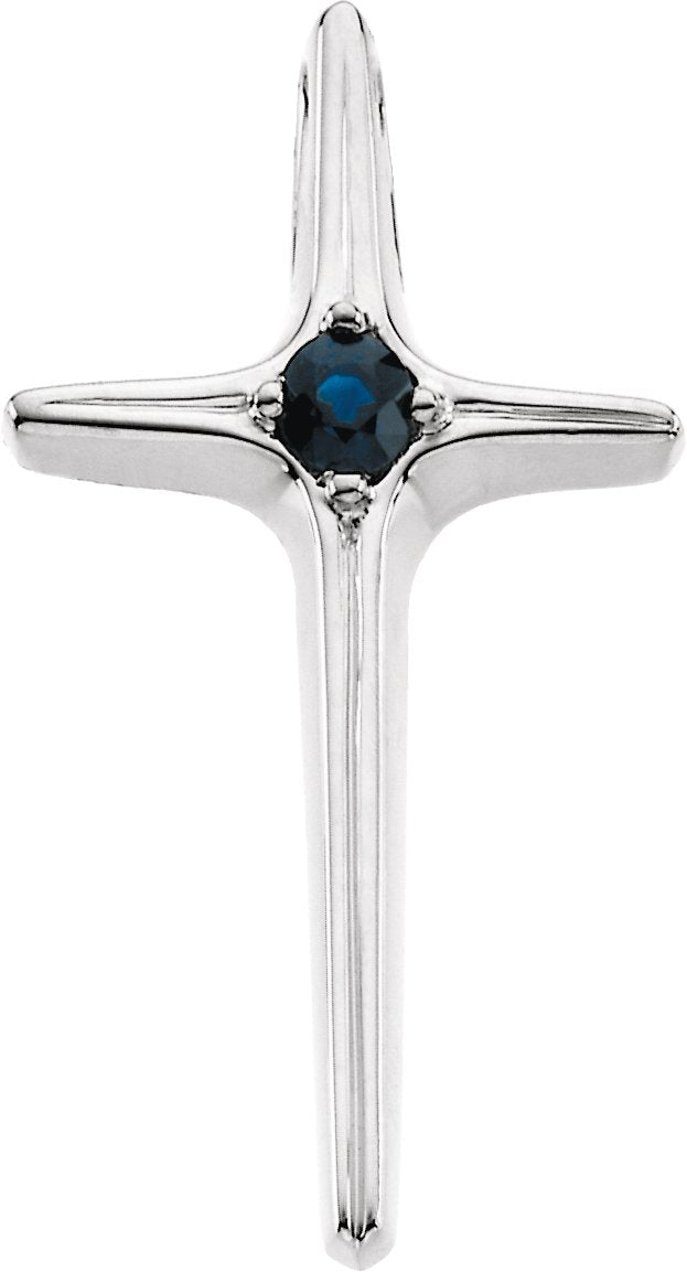 14K Gold Round Natural Blue Sapphire Solitaire Cross Pendant II - White Gold