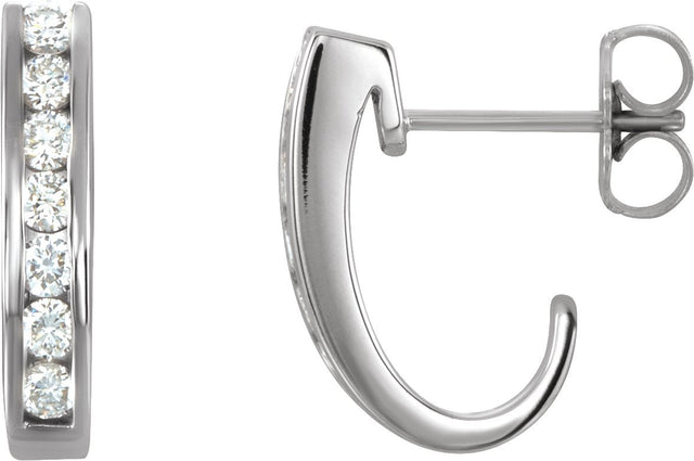 14K Gold Round Natural Diamond Channel-Set J-Hoop Earrings – 2mm Stones - White Gold