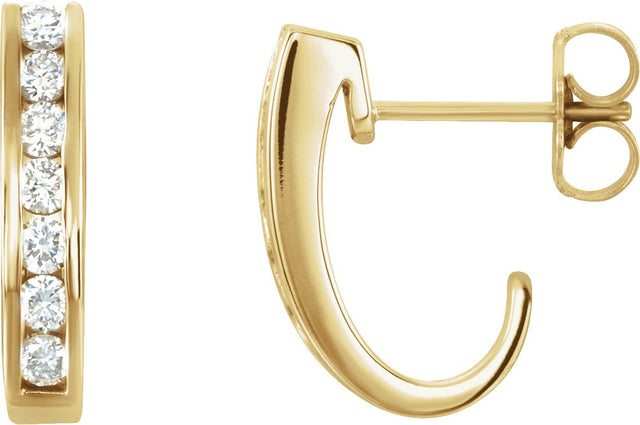 14K Gold Round Natural Diamond Channel-Set J-Hoop Earrings – 2mm Stones - Yellow Gold