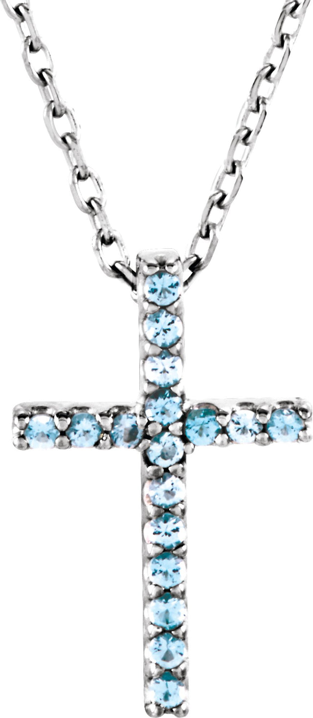 14K Gold Round Natural Aquamarine Petite Cross Necklace or Pendant - White Gold