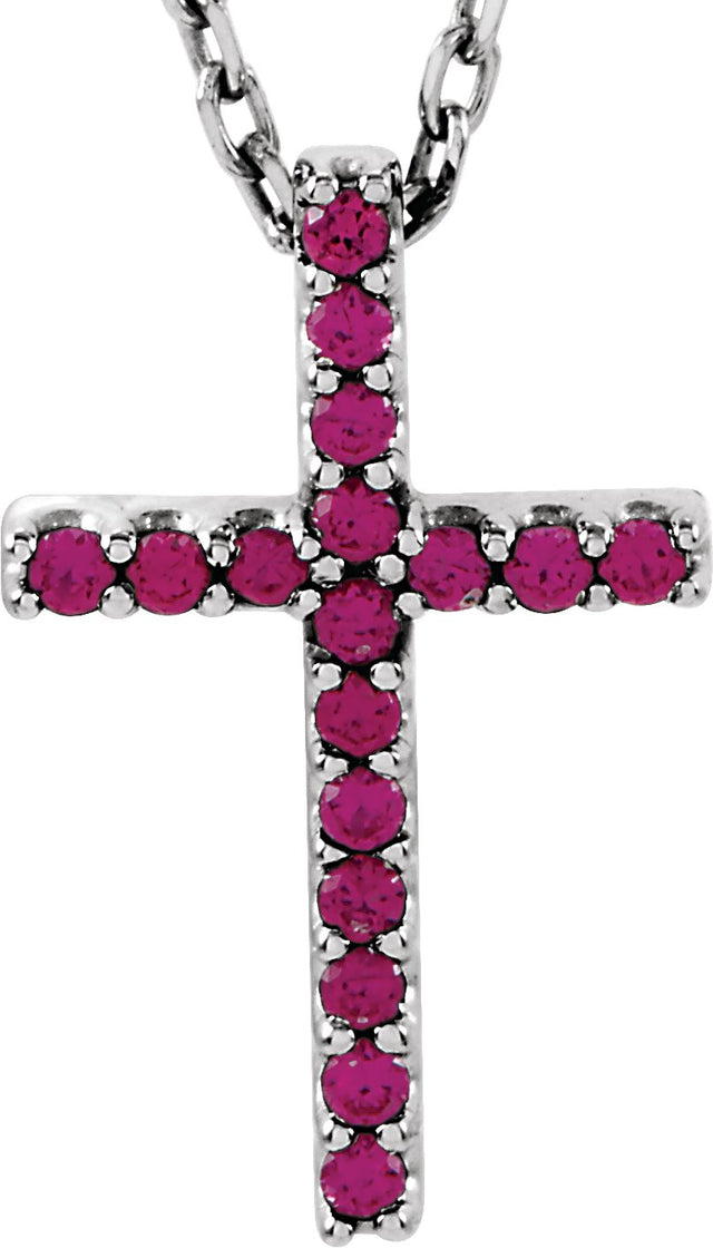 14K Gold Round Natural Ruby Petite Cross Necklace or Pendant - White Gold