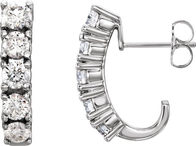 14K Gold Round Lab-Grown Diamond Accented J-Hoop Earrings - White Gold