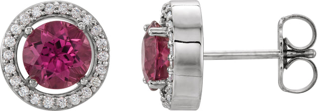14K Gold Round Natural Pink Tourmaline Halo-Style Earrings - White Gold
