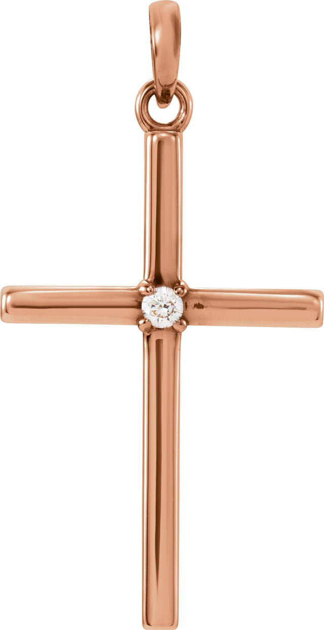 14K Gold Round Natural White Sapphire Birthstone Cross Pendant - Rose Gold