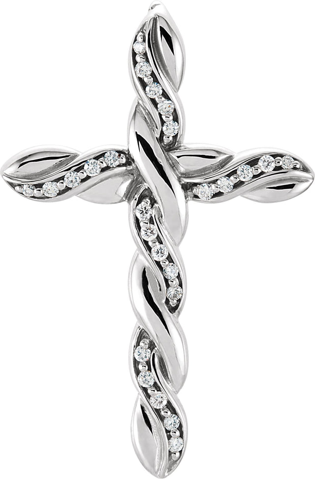14K Gold Round Natural Diamond Cross Pendant – 1.3mm Stones - White Gold
