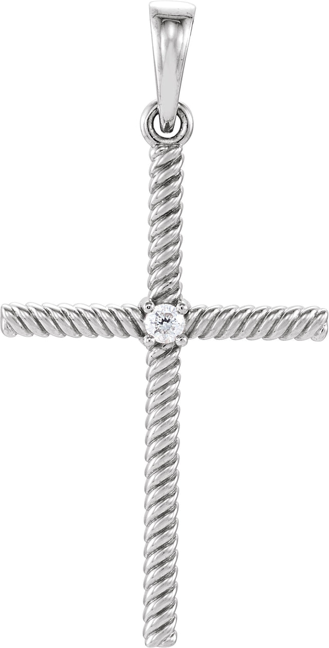 14K Gold Round Natural Diamond Rope Cross Pendant - White Gold