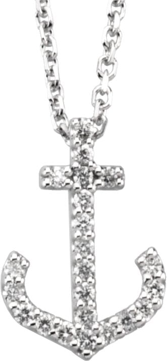 14K Gold Round Natural Diamond Petite Anchor Necklace or Pendant - White Gold