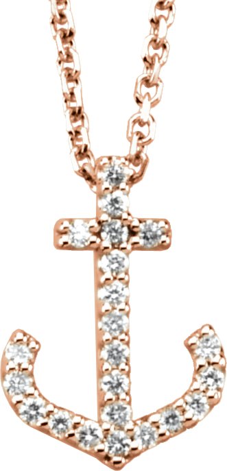 14K Gold Round Natural Diamond Petite Anchor Necklace or Pendant - Rose Gold