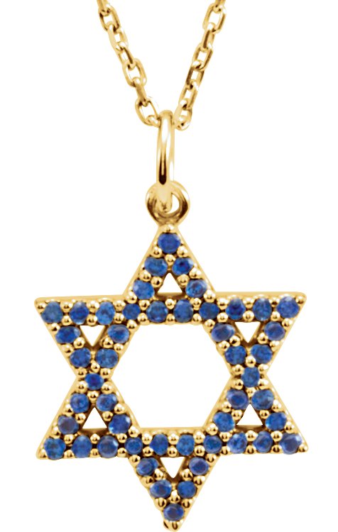 14K Gold Round Natural Blue Sapphire Accented Star of David Necklace or Pendant - Yellow Gold