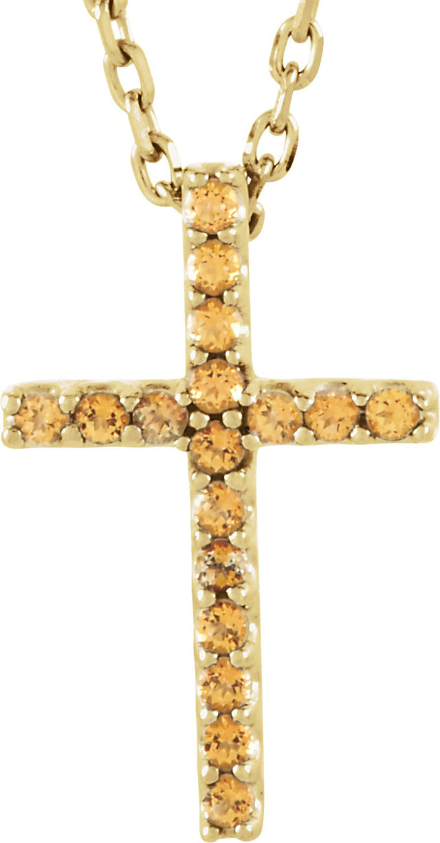 14K Gold Round Natural Yellow Sapphire Petite Cross Necklace or Pendant - Yellow Gold