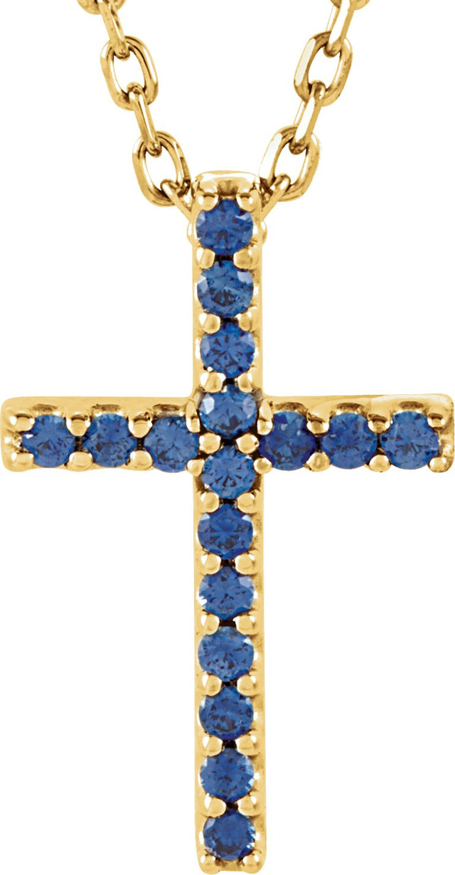 14K Gold Round Natural Blue Sapphire Petite Cross Necklace or Pendant - Yellow Gold