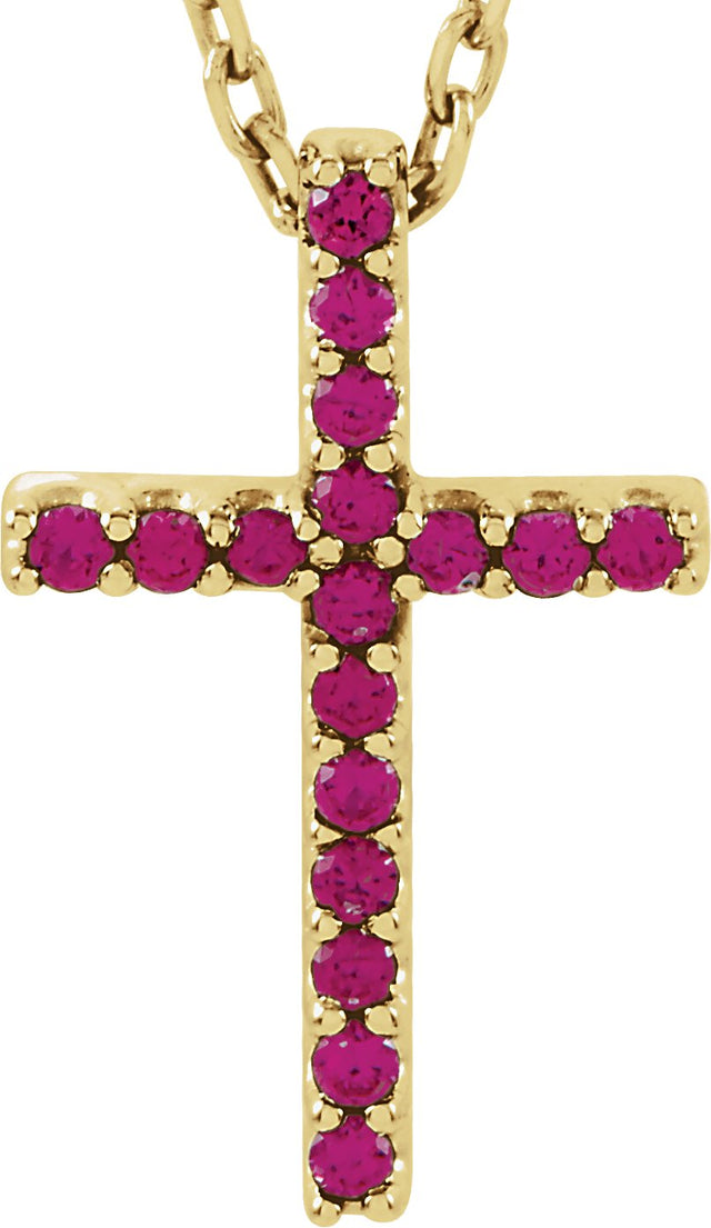 14K Gold Round Natural Ruby Petite Cross Necklace or Pendant - Yellow Gold