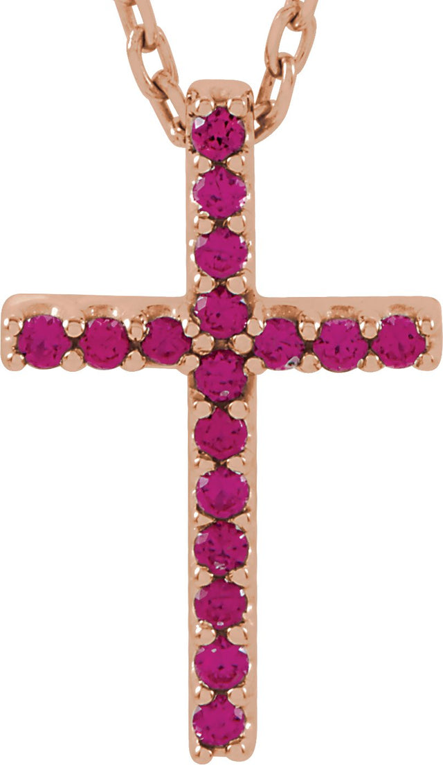 14K Gold Round Natural Ruby Petite Cross Necklace or Pendant - Rose Gold