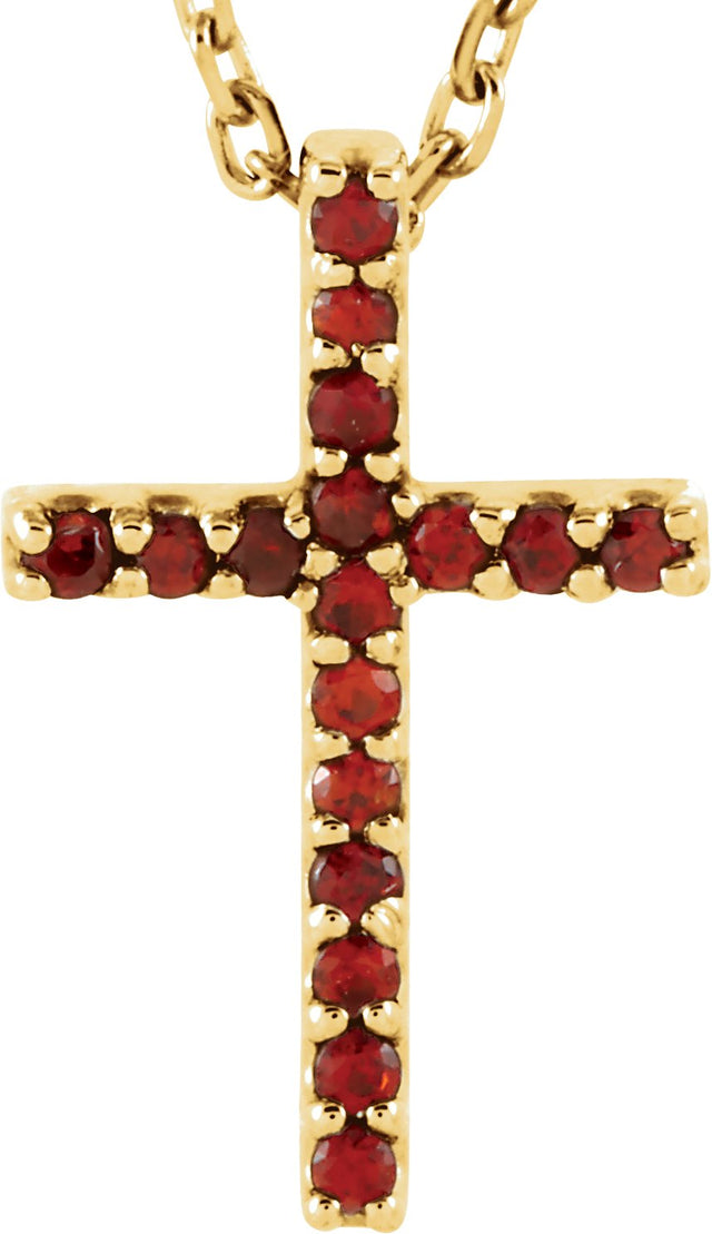 14K Gold Round Natural Mozambique Garnet Petite Cross Necklace or Pendant - Yellow Gold