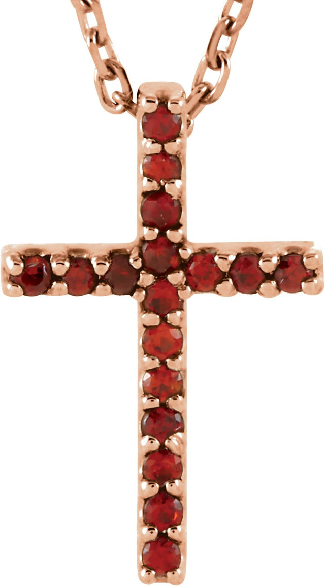 14K Gold Round Natural Mozambique Garnet Petite Cross Necklace or Pendant - Rose Gold